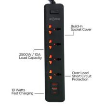 Smart Universal Extension Board 4 Power Socket + 3 Usb Ports Plug For Electronics Mobile Charging With 2 Meter Heavy Duty Copper Wire Black