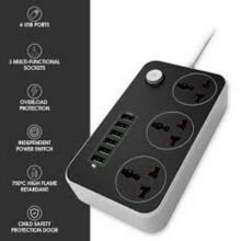 Smart Universal Extension Board 3 Power Socket + 3 Usb Plug + 2 Type C Fast For Mobile Charging Ports With 1.8 Meter Heavy Duty Copper Wire Black